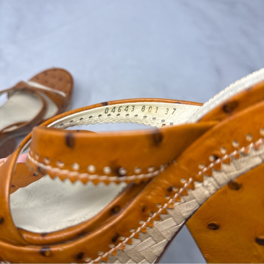 CASADEI Vintage Y2K Ostrich Leather Chunky Platform Wedge Sandal Heels Brown 7 - Picture 9 of 12